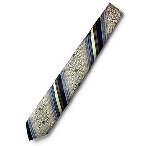 1970s Designer Collection Navy Blue Cream Tan Striped Geometric Floral Tie 4x57"